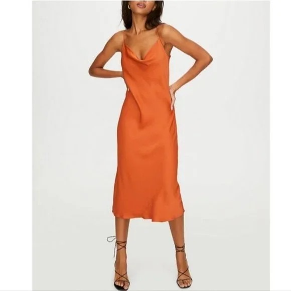 Wilfred Dresses & Skirts - Aritzia Wilfred Canto Dress Midi Satin Silk Rich Cognac Orange. Size small.